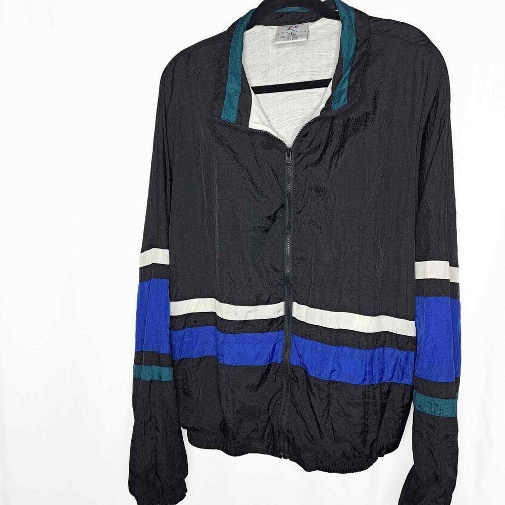 Avait Windbreaker Jacket Mens XXL Black Blue White Colorblock 80s Retro Vintage